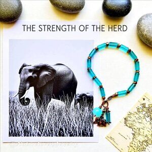 Slim Aqua & Copper Glass Rods Bracelet - 7-7.5" Wrists - for Elephant Lovers!